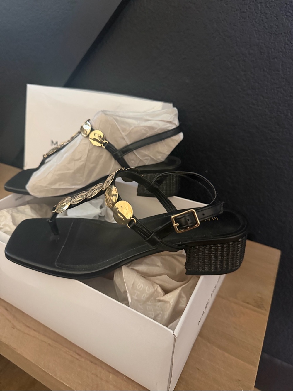 Marc Fisher Black Thong Sandals with Gold Disc Accents NEW